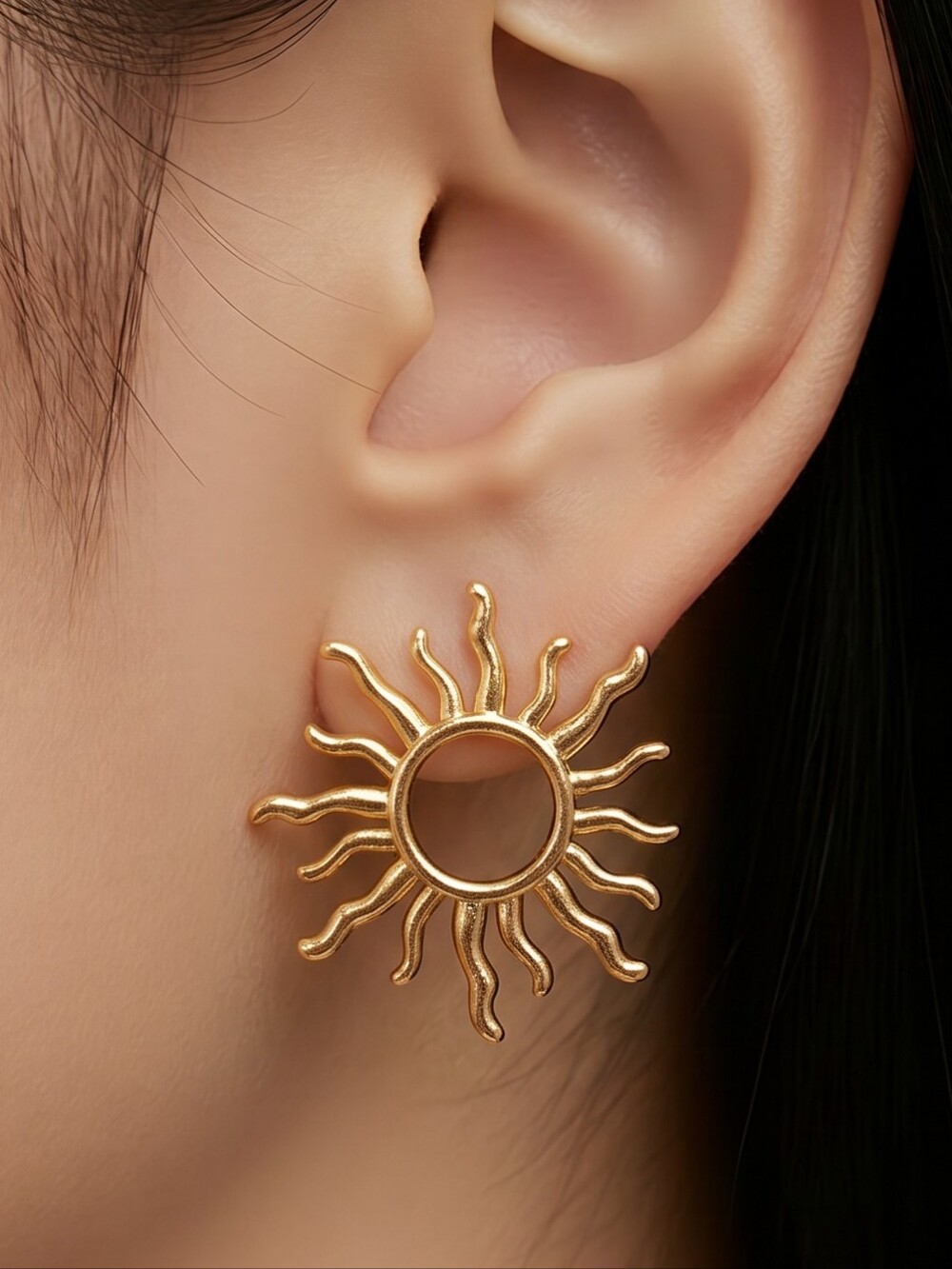 Gold Sunburst Stud Earrings Stainless Steel Radiant Sun Statement 28mm Goddess